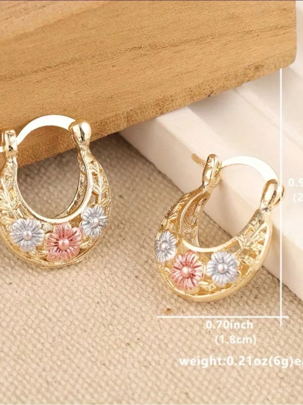 Gold Floral Hoop Earrings with Pink & Silver Accents